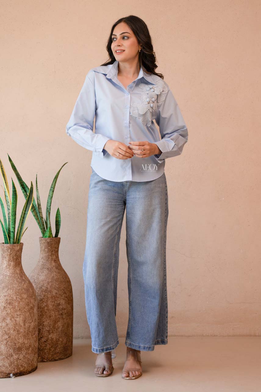 Blue Cotton Applique Shirt