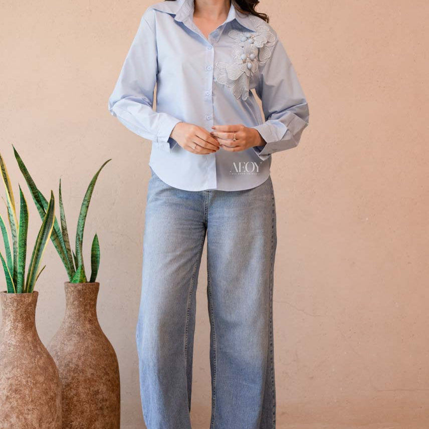 Blue cotton applique shirt women casual