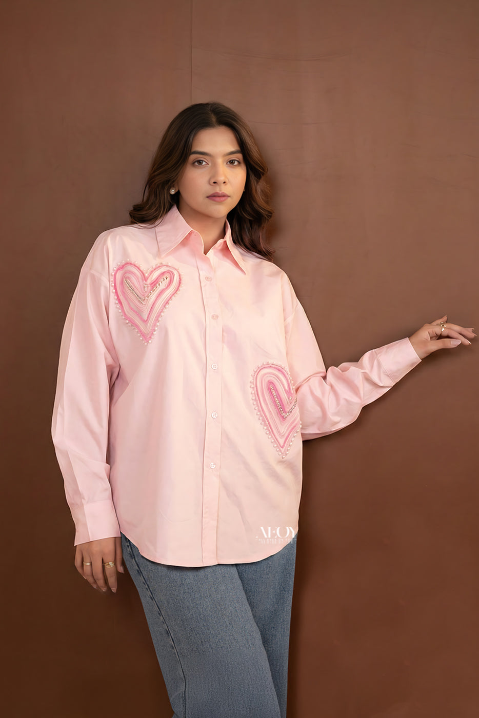 Pink Heart Embellished Cotton -Shirt