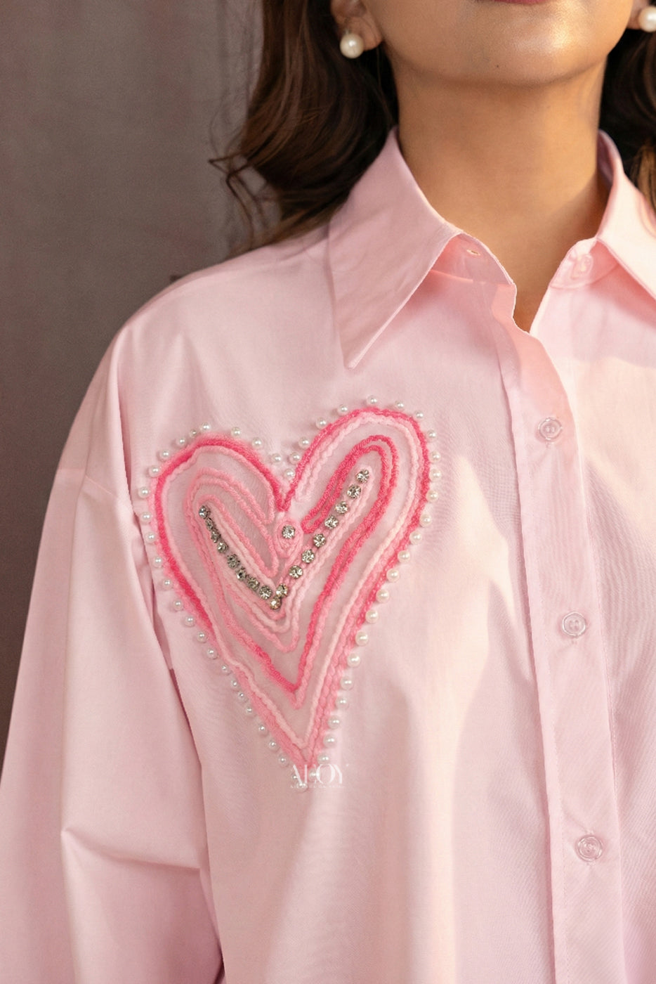 Pink Heart Embellished Cotton -Shirt
