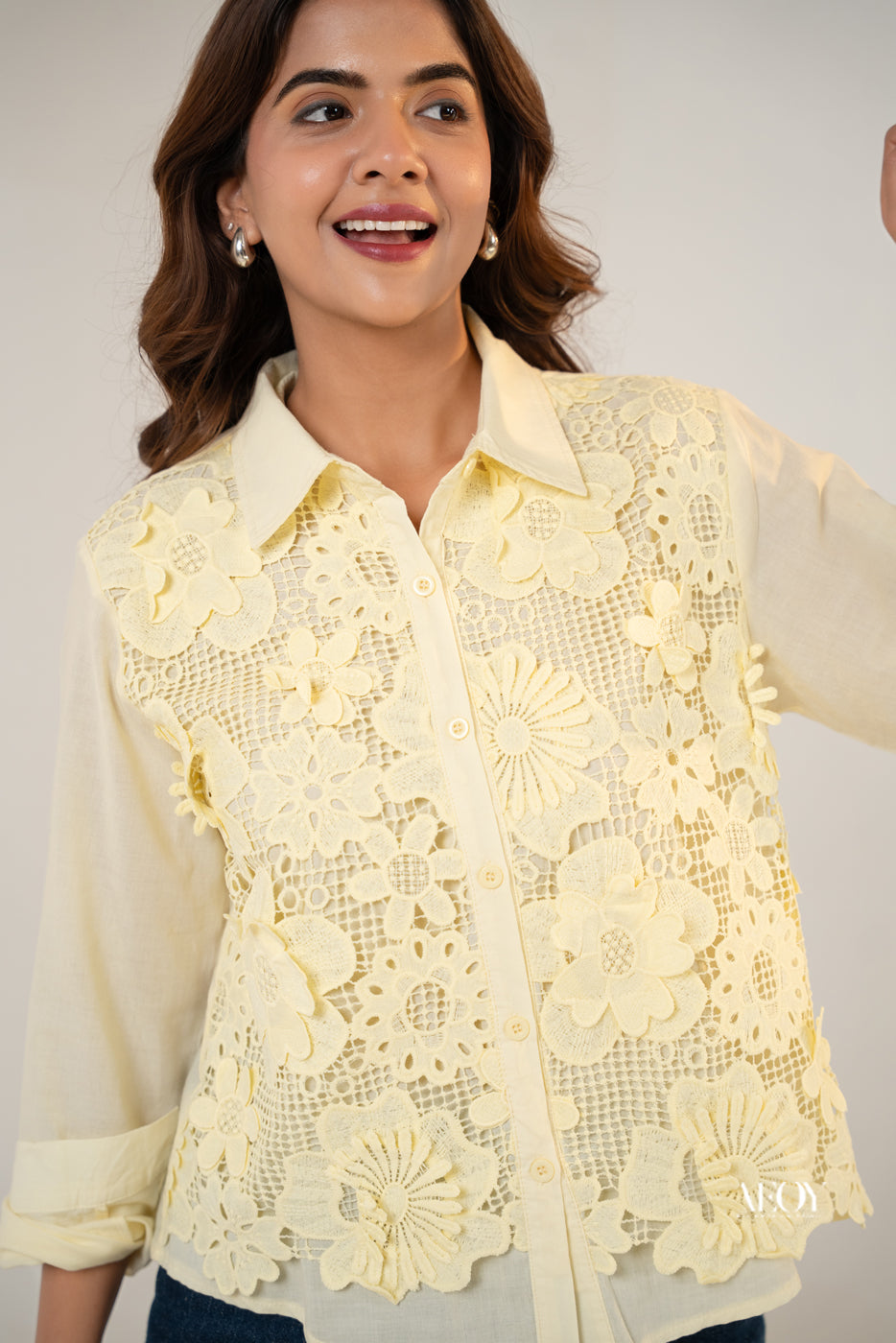Yellow Lace Detail Cotton -Shirt